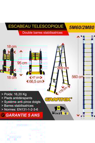 Echelle-escabeau télescopique Grafitek, housse de transport et plateforme pliante antidérapante - 5,60 m et 2,80 m