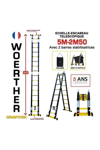 Echelle-escabeau télescopique Grafitek, housse et sac porte-outils - 5 m et 2,50 m