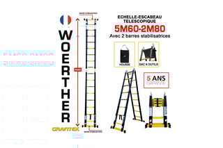 Echelle-escabeau télescopique Grafitek, housse et sac porte-outils - 5,60 m et 2,80 m