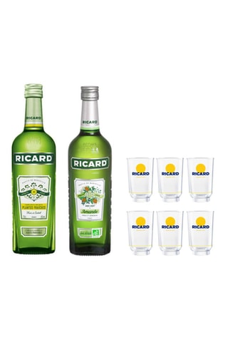 Ricard Plantes Fraiches 70 cl, Ricard Bio Amande 70 cl et 6 verres Lehanneur Ricard