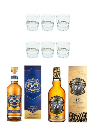 Chivas Regal 18 ans Whisky Ecossais 70 cl, Chivas Regal 15 ans 70 cl et 6 verres Chivas 33 cl