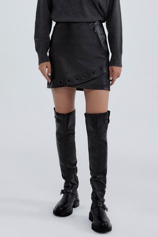 Jupe portefeuille en cuir d'agneau - Noir - IKKS