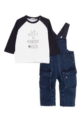 T-shirt et salopette en jean - Blanc et bleu marine
