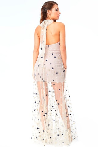 Wijduitlopende Jurk Beige en Marineblauw