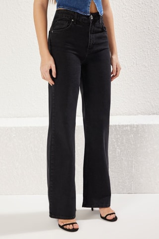 Calças de ganga wide legs cintura subida - Preto