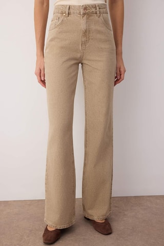 Calças de ganga wide legs cintura subida - Bege