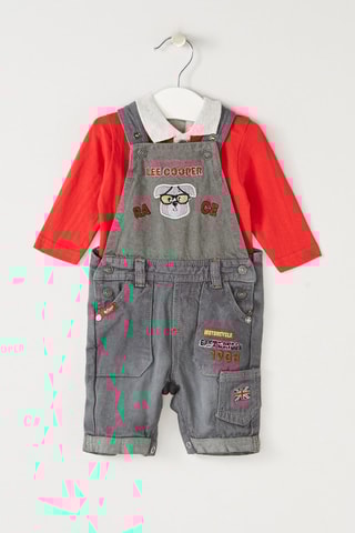 Polo et salopette en jean - Blanc, gris, jaune, noir et rouge