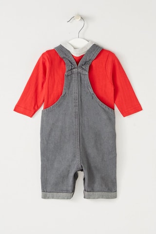 Polo et salopette en jean - Blanc, gris, jaune, noir et rouge