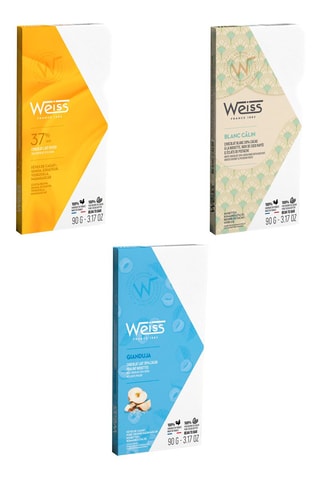 Tablette de chocolat blanc Oryola 30%, Tablette chocolat lait Gianduja 32% et Tablette de chocolat au lait entier 37%