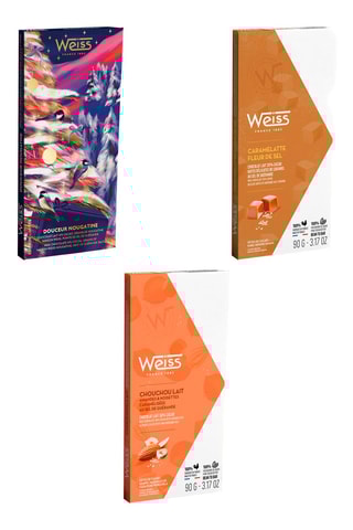 Tablette de chocolat Caramelatte Fleur de sel 35%, Tablette chocolat au lait chouchou 38% et douceur nougatine