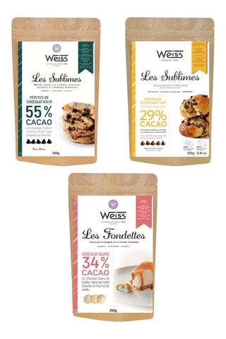 Pépites de chocolat au lait 29%, sachet pépites de chocolat noir 55% et Les Fondettes chocolat blanc 34%