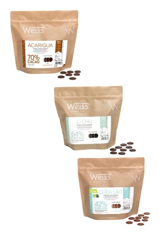 Sachet Fondette Li Chu chocolat noir 64%, Fondette chocolat au lait bio 42% et Sachet Fondettes Acarigua Chocolat noir 70%