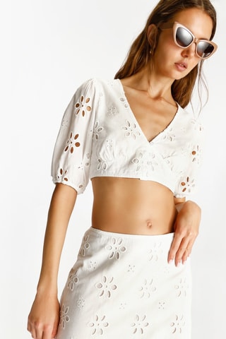 Jupe droite en broderie anglaise taille haute - Blanc