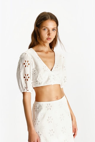 Jupe droite en broderie anglaise taille haute - Blanc