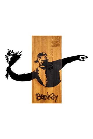 Décoration murale en bois "Le Lanceur de fleurs" Banksy - 69 x 58 x 3 cm - Naturel et noir