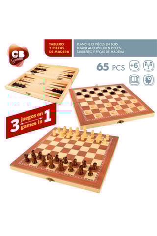 Jeux de dames, d’échecs et de backgammon 3 en 1 en bois - 65 pièces - Dès 6 ans