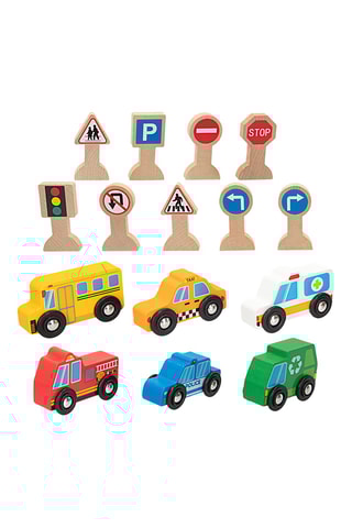 Véhicules et panneaux de circulation en bois - 15 pièces - Dès 18 mois