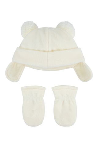 Bonnet aviateur et moufles molletonnés - Ecru