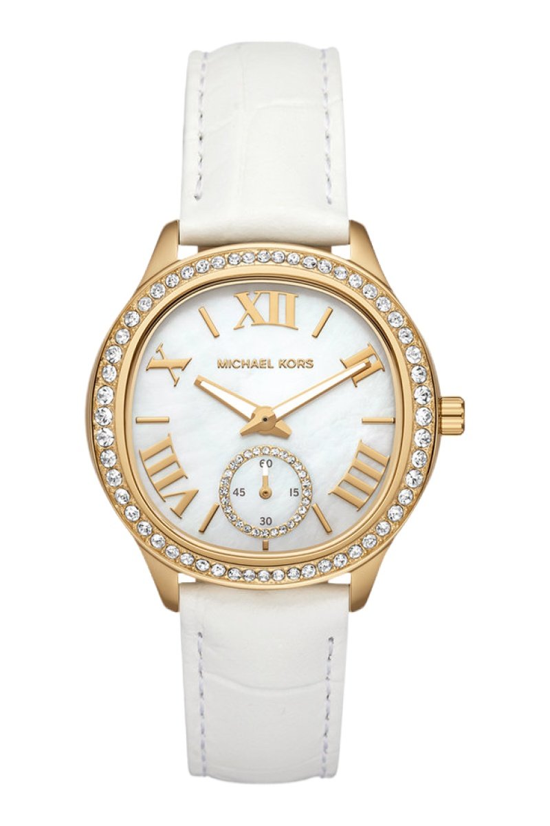 Montre+à+quartz+en+cuir+-+Blanc+et+dore