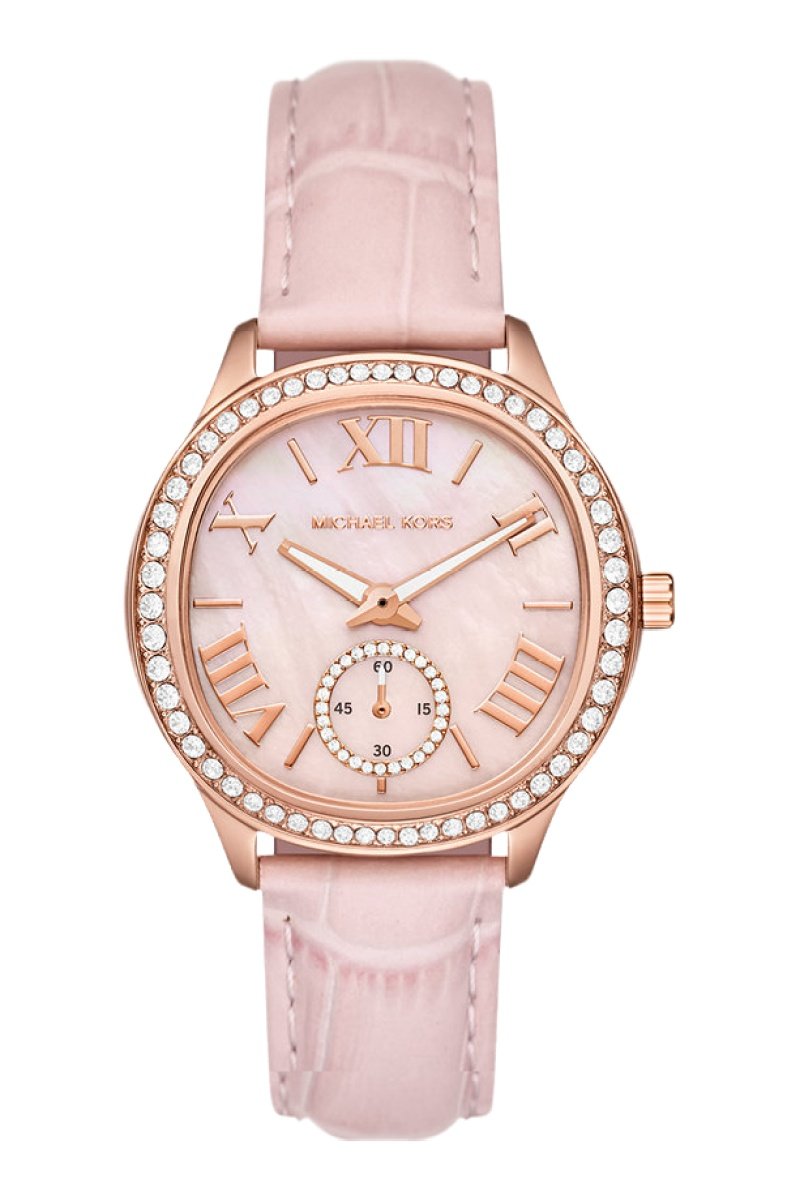 Montre+à+quartz+en+cuir+-+Rose+et+dore+rose