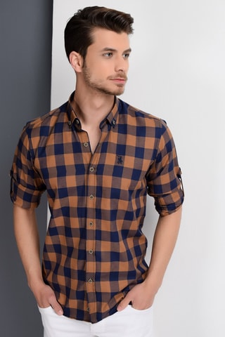 Chemise à carreaux - Bleu marine et marron clair