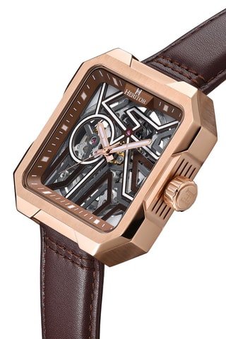 Montre squelette automatique japonaise en cuir Marron et doré rose