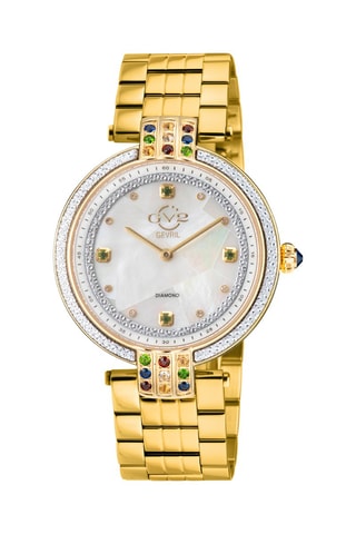 Montre à quartz en acier doré à l'or fin jaune, nacre et diamants Matera