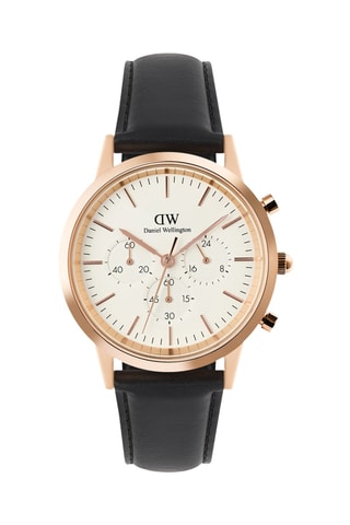 Reloj de cuarzo de piel verdadera - Cronógrafo - Negro y dorado