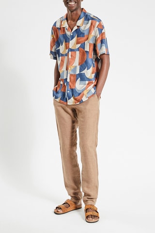 Chemisette regular en lin - Bleu cobalt et rouge brique