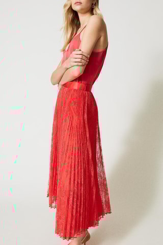 Jupe plissée taille haute en dentelle - Rouge