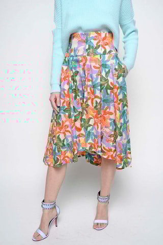 Jupe midi taille haute en lin - Blanc et mauve