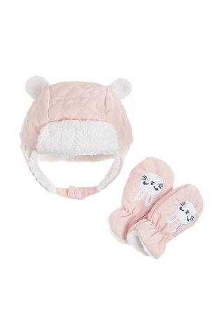 Bonnet aviateur et moufles Rose et blanc