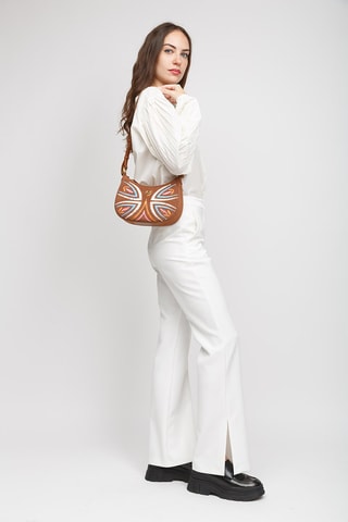 Sac porté épaule en cuir de mouton nubuck Half Moon - Marron