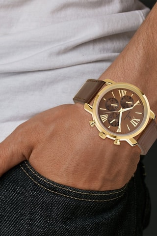 Montre à quartz en cuir - Chronographe - Marron et doré