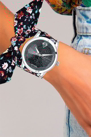 Montre à quartz et 3 bracelets en polyester - 
Noir et argenté