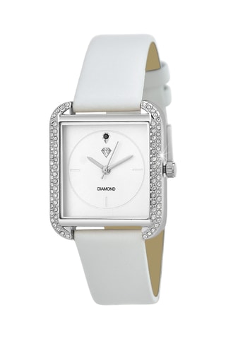 Montre à quartz sertie de diamant noir, cristaux scintillants en cuir - Blanc et argenté