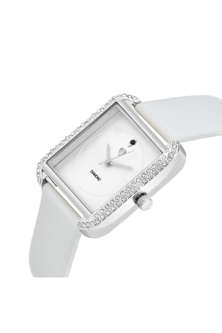 Montre à quartz sertie de diamant noir, cristaux scintillants en cuir - Blanc et argenté