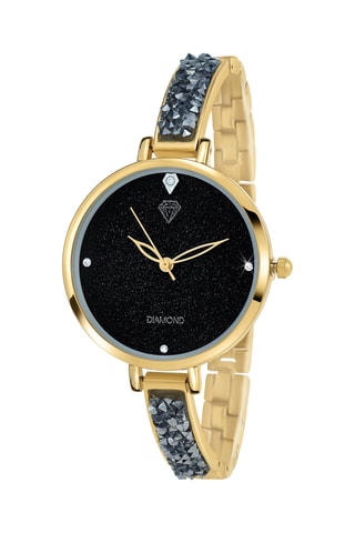 Montre à quartz sertie de diamant noir en métal - Doré