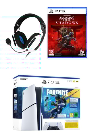 PlayStation 5 Fortnite Flowering Chaos Standard Edition 1TB, Headset para Jogos e Assassin's Creed Shadows