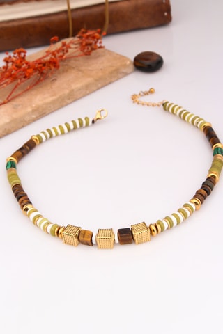 Collier - Plaqué or jaune, œils-de-tigre, citrines et jaspes