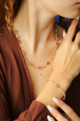 Parure - Plaqué or jaune et quartz fraise