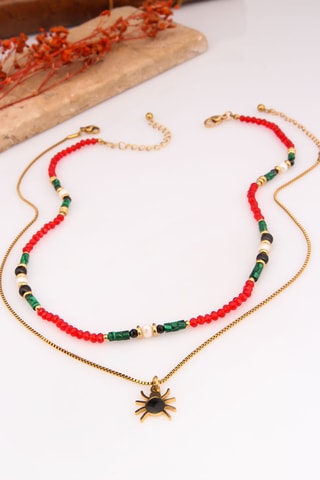 2 colliers - Plaqué or jaune, malachites, perles de culture et zircons