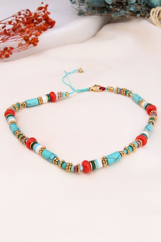 Collier - Plaqué or jaune, turquoises et agates