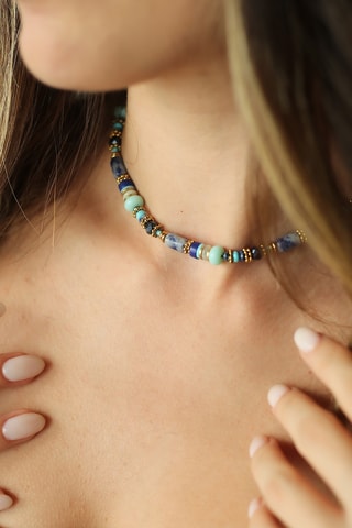 Collier - Plaqué or jaune, turquoises et lapis-lazulis