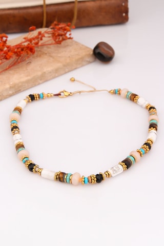 Collier - Plaqué or jaune, turquoises, jaspes et onyx