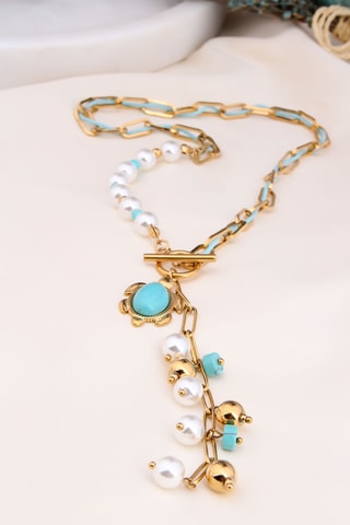 Collier - Plaqué or jaune, perles de culture et turquoises