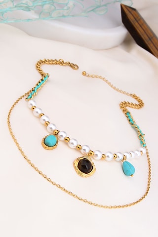 Collier - plaqué or jaune, turquoises, perles de culture et œil-de-tigre