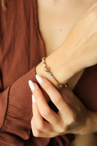 Bracelet - Plaqué or jaune, turquoises, quartz et œils-de-tigre