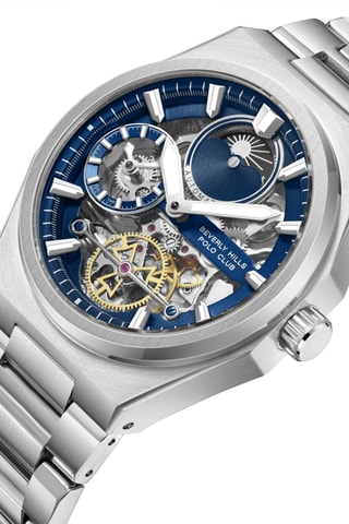 Automatisch Metalen Horloge - Maanstandweergave - Zilverkleurig en Kobaltblauw