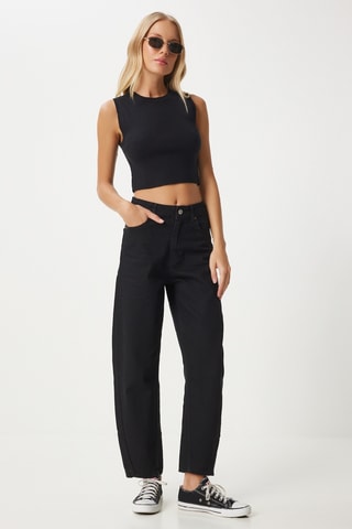 Calças de ganga boyfriend de cintura alta - Preto